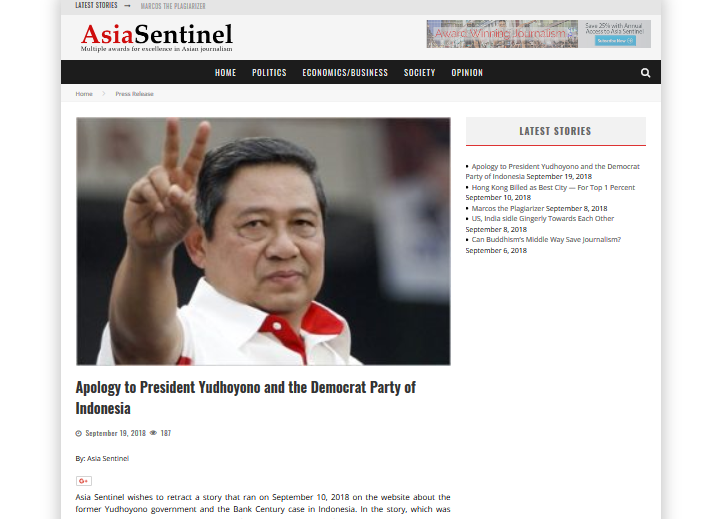 Asia Sentinel Meminta Maaf kepada SBY
