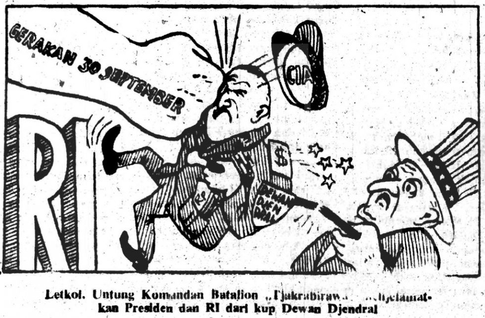 Ilustrasi kartun editorial dari halaman depan surat kabar “Harian Rakyat" terbitan 2 Oktober 1965 (Sumber: Wikipedia)