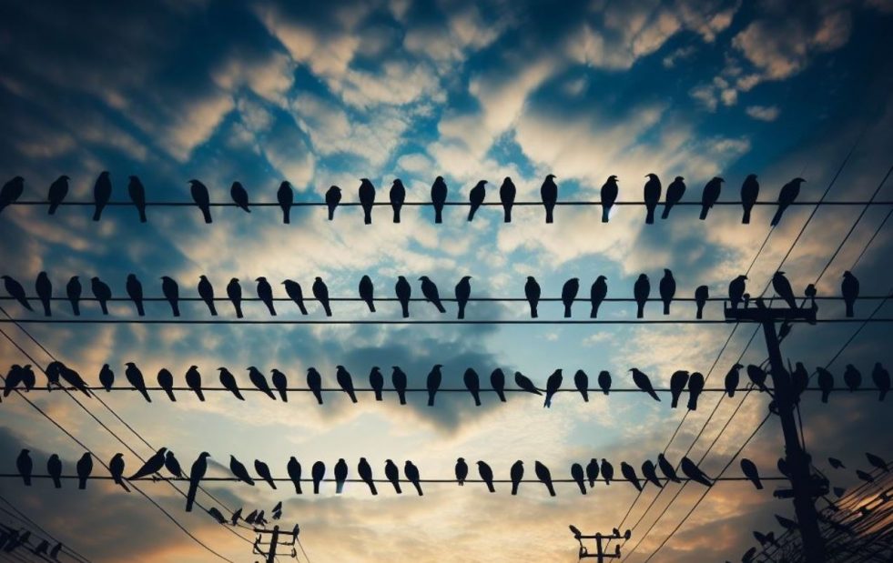 Ilustrasi, burung hinggap di kabel listrik (dibuat dengan AI)