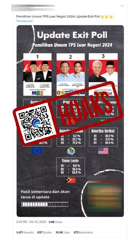 Hati-hati Hoax! Hasil Exit Poll Pilpres 2024 di Luar Negeri Tidak Benar