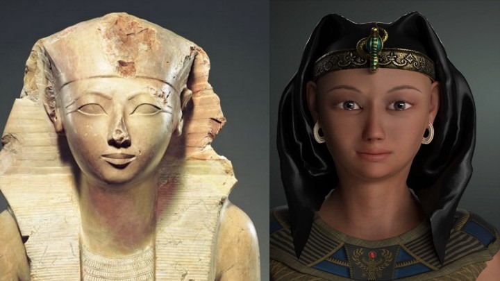 Patung Hatshepsut dan replika digital wajahnya (Sumber: Artstation/ Brian Cramer)