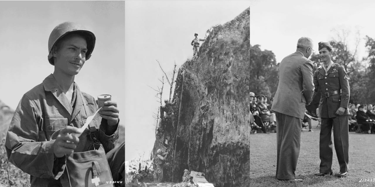 Doss mengenakan jaket HBT dengan tas perlengkapan medis di lehernya di Okinawa (kiri), Doss berdiri di puncak tebing di Hacksaw Ridge pada 4 Mei 1945 (tengah), dan Doss berjabat tangan dengan Presiden Harry S. Truman setelah menerima Medali Kehormatan (kanan). (Sumber: Sulindo/Benedict Pietersz)