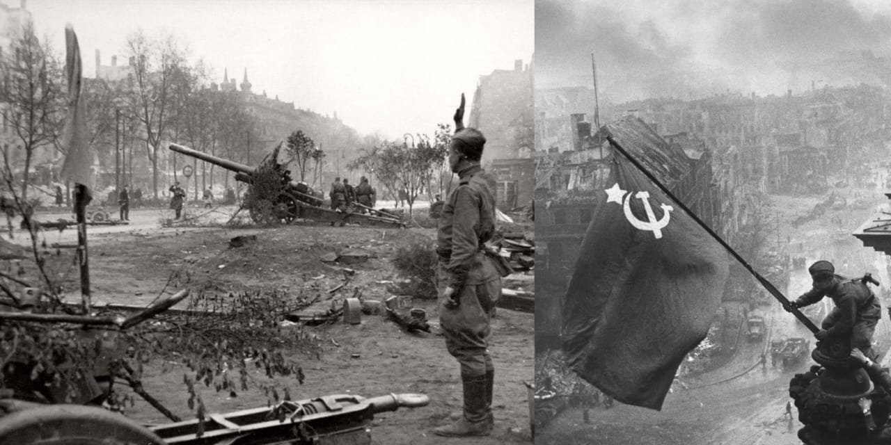 Pasukan Soviet bersiap menembakkan artileri (kiri) dan Bendera Kemenangan di atas Reichstag (kanan). Selama Pertempuran Berlin, Uni Soviet mengerahkan tak kurang dari 192 divisi penuh dengan 2,06 juta pasukan tempur. (Sumber: Sulindo/Benedict Pietersz)