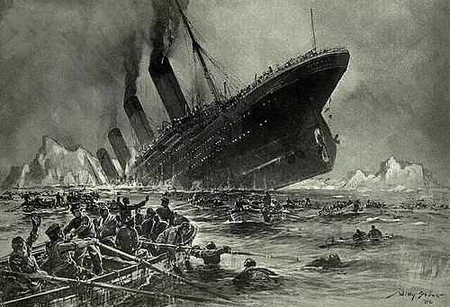 Tenggelamnya Titanic yang dilukiskan dalam Untergang der Titanic, ilustrasi tahun 1912 karya Willy Stöwer. (Wikipedia)