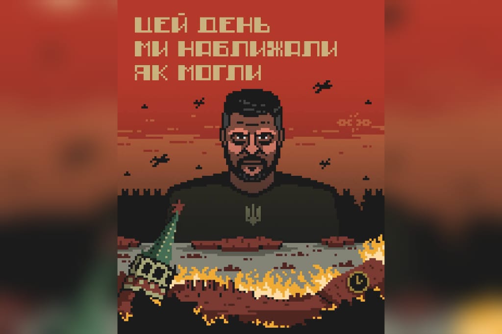 Di kanal Telegramnya, @ermaka2022, kepala staf kepresidenan Ukraina Andrii Yermak mengunggah ulang gambar bergaya piksel yang memperlihatkan Zelenskyy sedang menatap tembok Kremlin yang dilalap api. (Sumber: Sulindo/Benedict Pietersz)