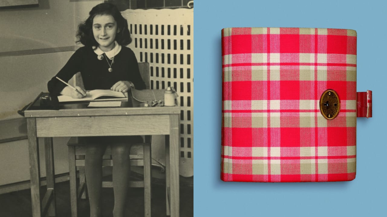 Anne di tahun terakhirnya di sekolah dasar, 1940 (kiri) dan buku harian yang diterima Anne pada ulang tahunnya yang ke-13 (kanan). (Sumber: Sulindo/Benedict Pietersz)